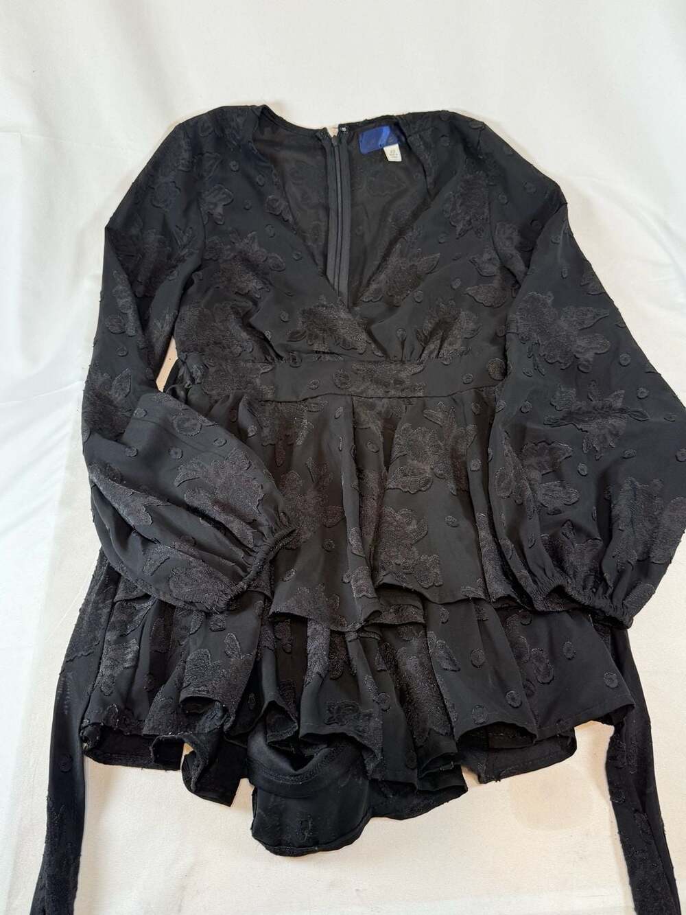 Blue Rain Women’s Romper Size XS Black Burnout Floral Jacquard Ruffle Long Sleev